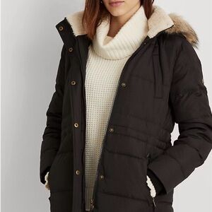Ralph Lauren Black Puffer Coat with Faux Fur Trim